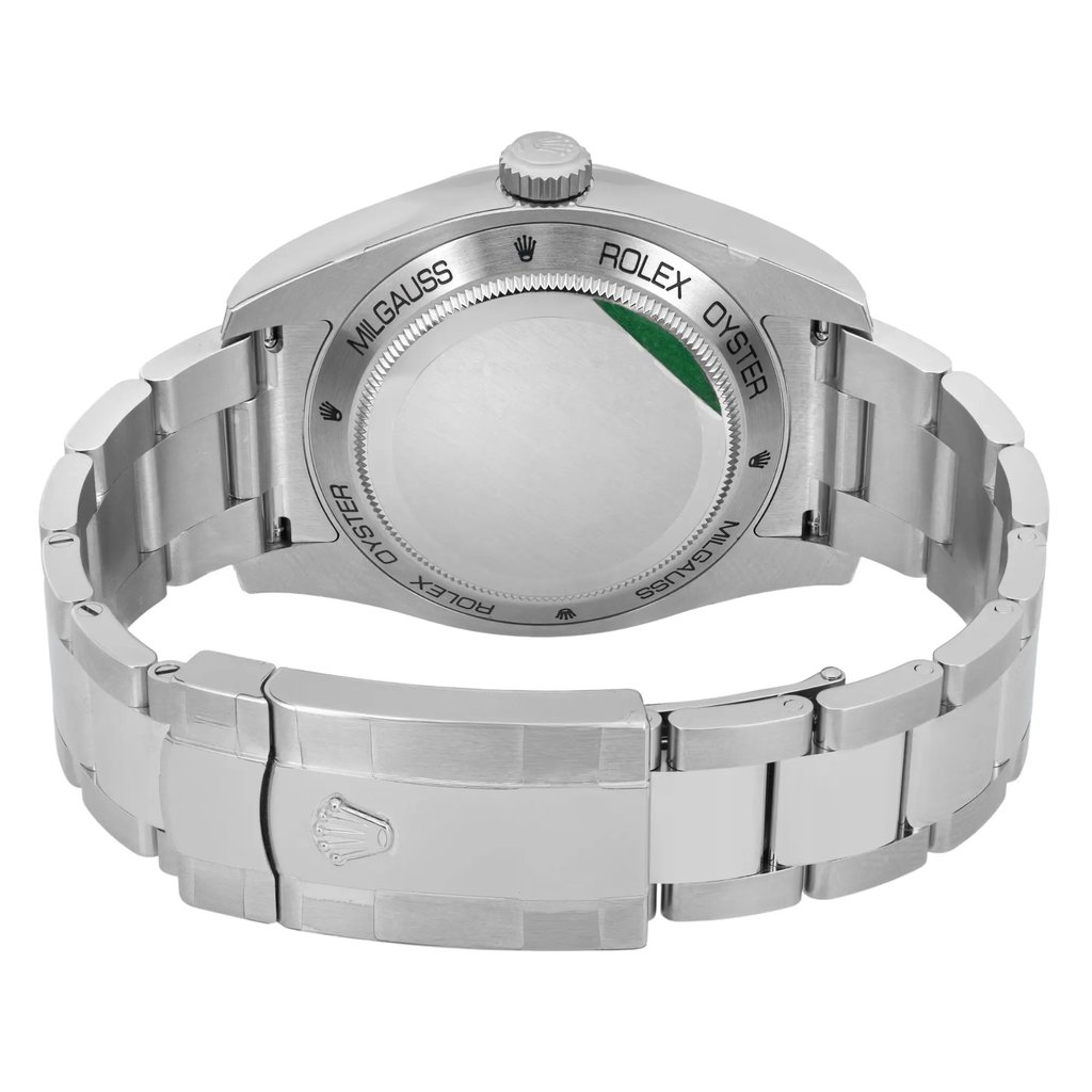 Back View Of Solid Back Case And Closed Stainless Steel Band Of Rolex 116400GV Watch Unworn Condition