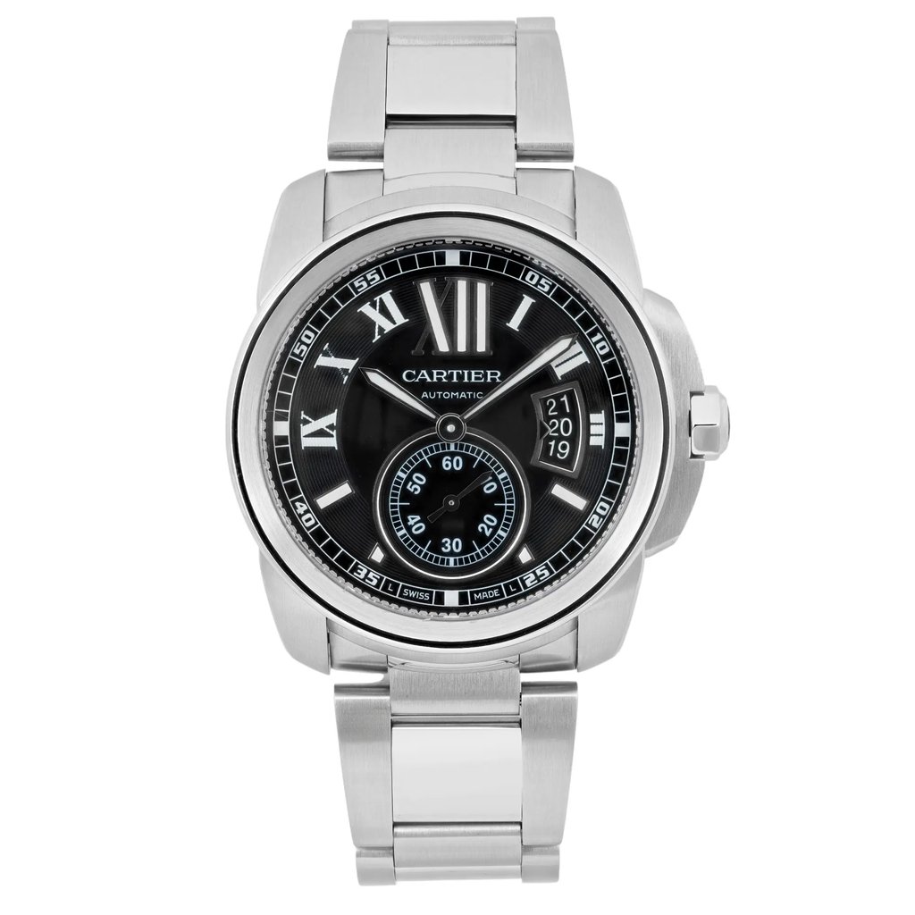 An image of a pre-owned men's Cartier Calibre De Cartier 42MM Steel Black Dial Automatic Men Watch W7100016 taken from a front-facing angle, showcasing the full face and bracelet. The watch features a black dial with Roman numerals, a date indicator, and luminous hands. The stainless steel bracelet is fully visible, and the watch is positioned centrally in the image, captured from a close distance to highlight its details.