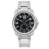 An image of a pre-owned men's Cartier Calibre De Cartier 42MM Steel Black Dial Automatic Men Watch W7100016 taken from a front-facing angle, showcasing the full face and bracelet. The watch features a black dial with Roman numerals, a date indicator, and luminous hands. The stainless steel bracelet is fully visible, and the watch is positioned centrally in the image, captured from a close distance to highlight its details.