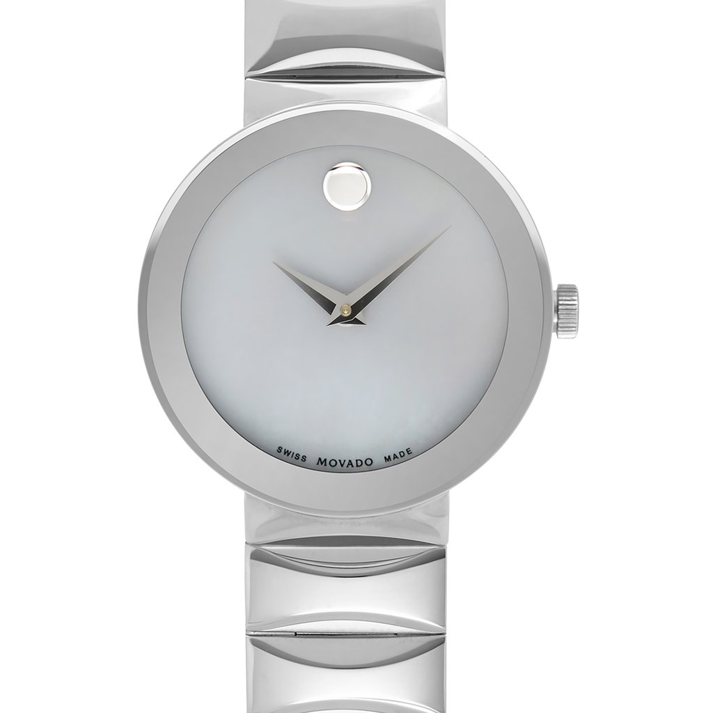 An image of a wristwatch focused on a close-up, front view of the watch face. The watch features a minimalist design with a smooth, circular dial and two sleek hands. The timepiece is positioned centrally, showcasing its polished silver finish and a simple metal band. The condition is noted as a display model, highlighting its pristine and glossy appearance.