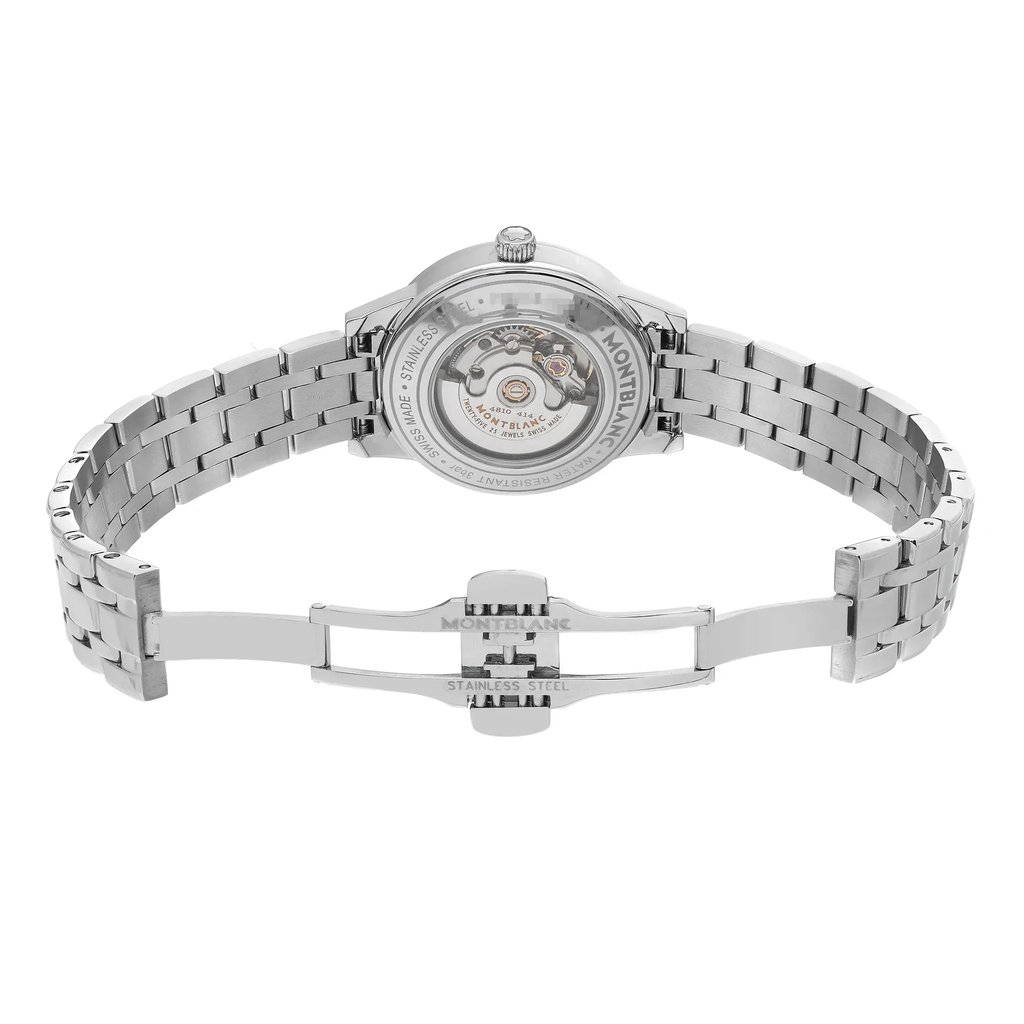 An image of a wristwatch showing the back view with an open clasp. The watch is positioned centrally with the bracelet stretched out, providing a clear view of the stainless steel links and the intricate mechanics visible through the transparent case back. The image is taken at a straight angle from a moderate distance, highlighting the watch's craftsmanship and detailing.