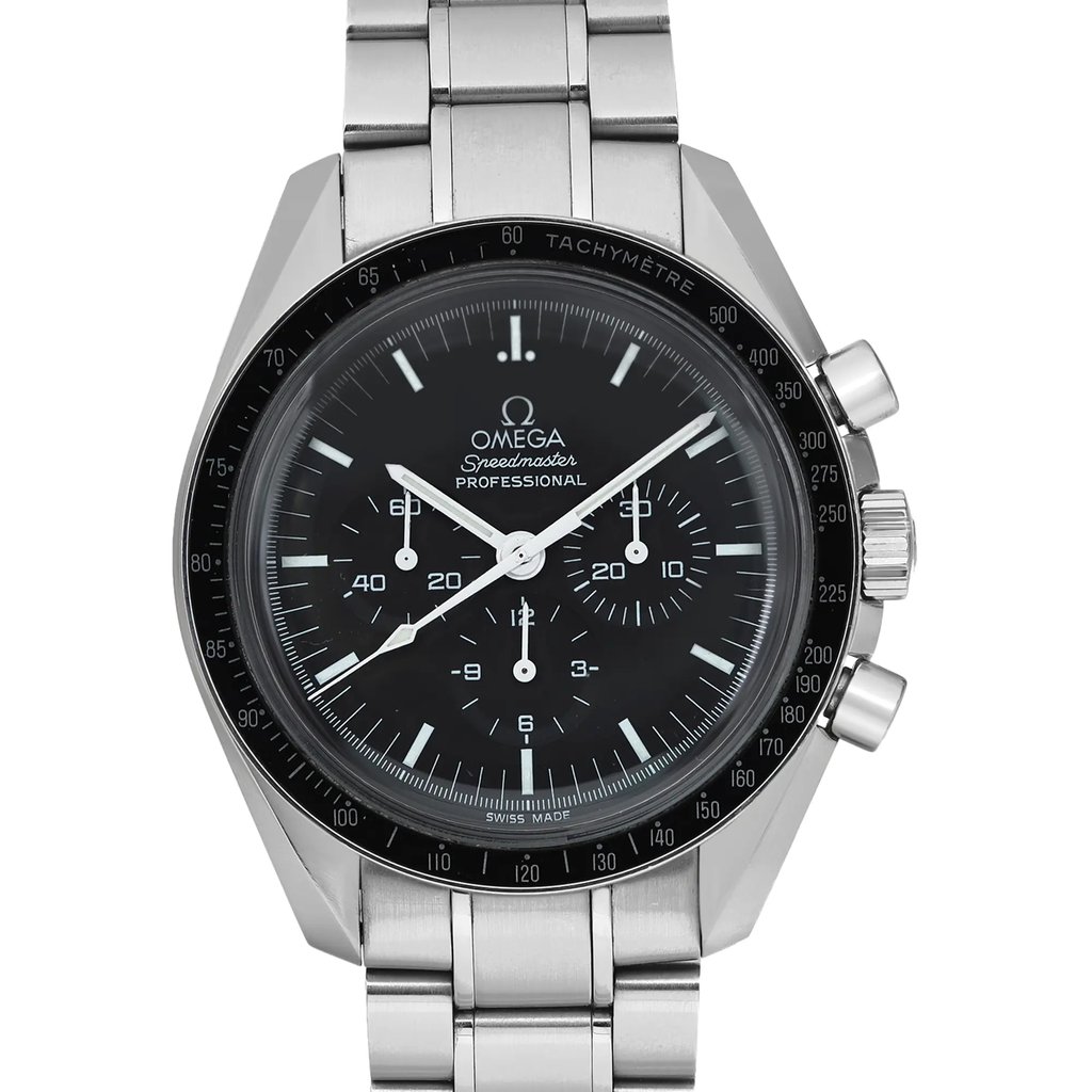 An image of a pre-owned wristwatch taken from a front close-up angle. The watch features a metallic bracelet and a detailed black watch face, showcasing several dials and markings. The brand name is visible on the watch face.