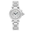 An image of a pre-owned Cartier Miss Pasha 27mm women's quartz wristwatch. The watch is centered in the frame, positioned upright with a frontal view, showcasing its round silver face and stainless steel bracelet. The crown is visible on the right side. The angle is straight-on, highlighting the minimalist design and elegant numerals at 12, 3, 6, and 9 o'clock. The image is taken at a close distance, emphasizing the details of the watch face and bracelet links.