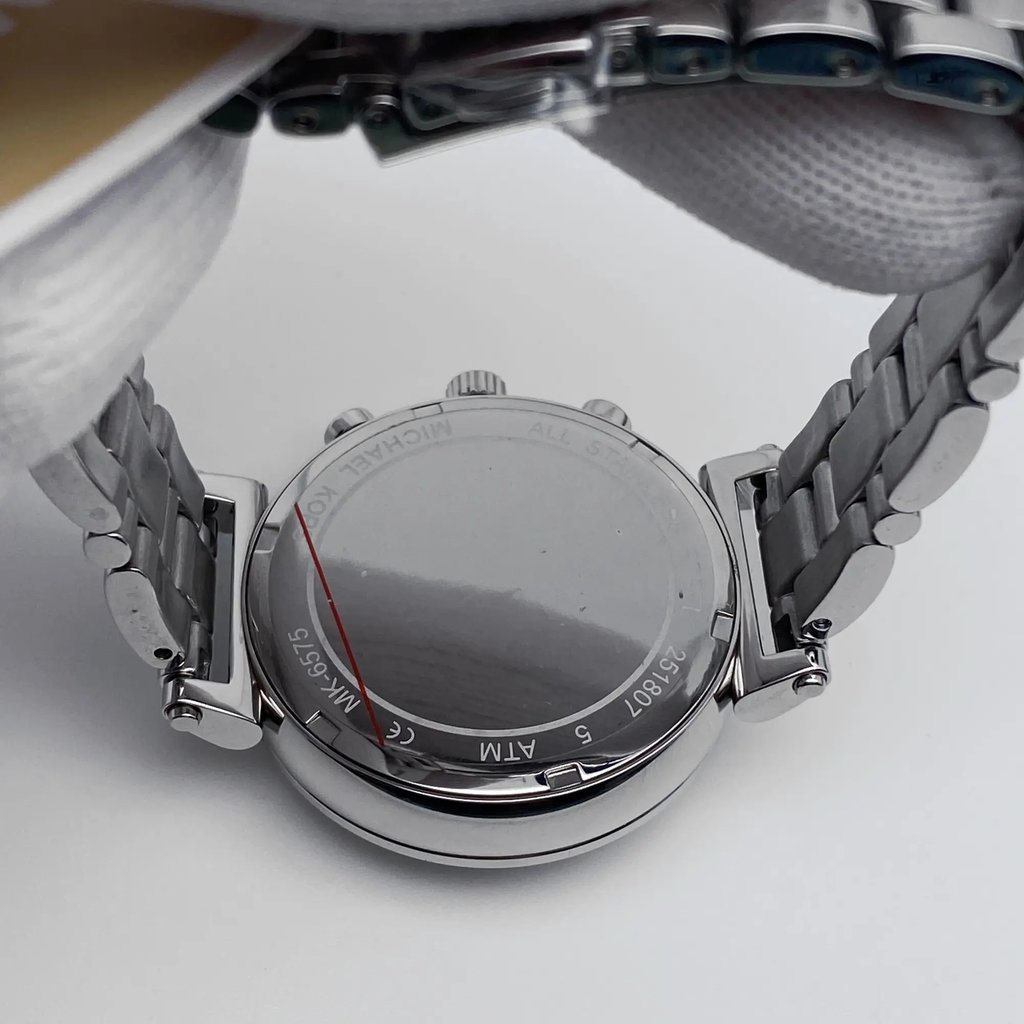 Back View Of Solid Back Case And Open Stainless Steel Band Of Michael Kors MK6575 Watch New With Defects Condition