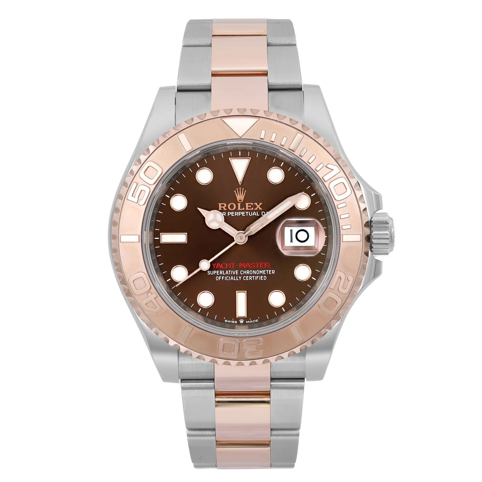 An image of a pre-owned wristwatch displayed in a front full frontal view. The watch features a metallic bracelet with alternating rose gold and silver links. The bezel is rose gold, contrasting with the dark brown dial. The hour markers are circular with a date window at 3 o'clock. The brand name is not specified.