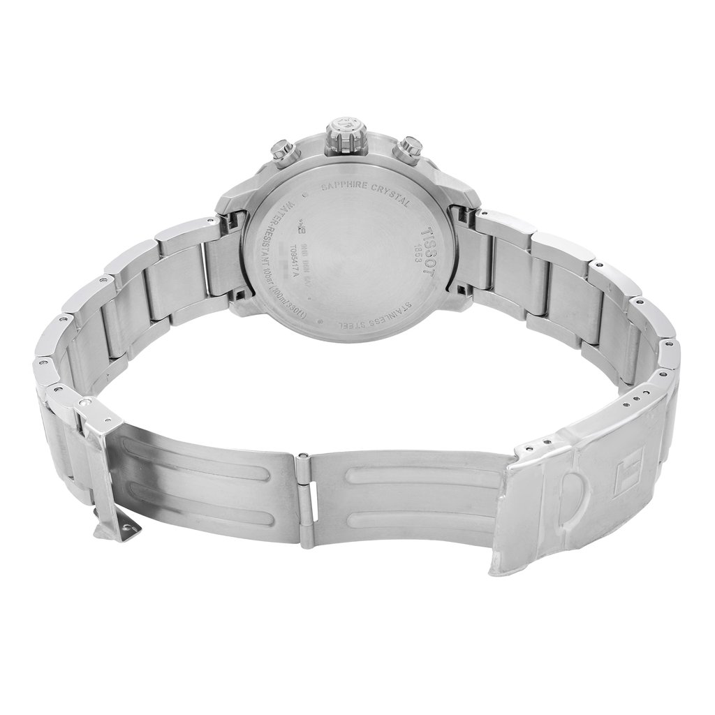 Back View Of Solid Back Case And Open Stainless Steel Band Of Tissot T095.417.11.037.00 Watch Unworn Condition