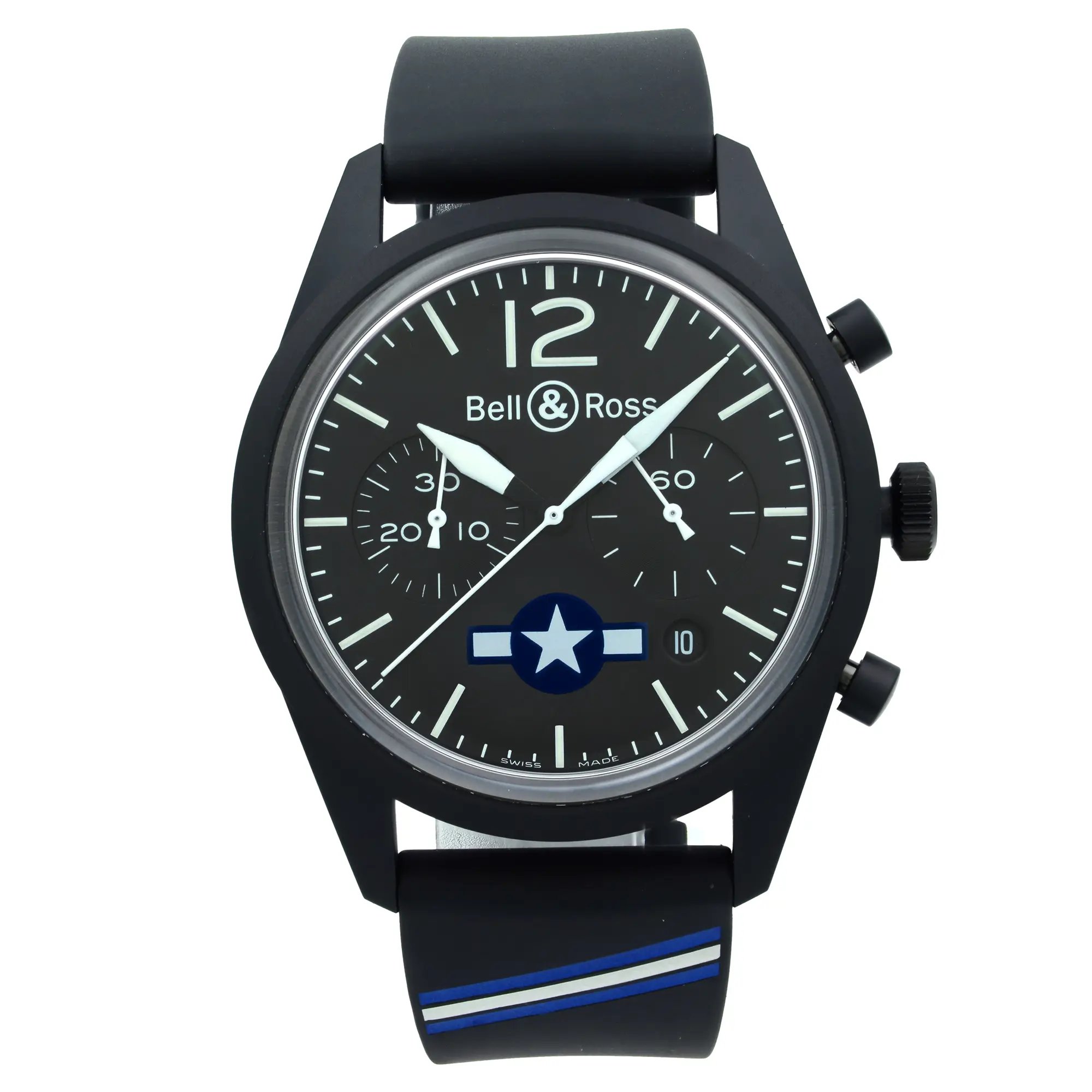 An image of a wristwatch shown in a frontal view, positioned centrally and close-up with the entire watch being displayed. The watch has a black case and strap, with a black dial featuring white stick indices and the logo "Bell & Ross" at the top right below the 12 hour marker. It has a star insignia above the 6 o'clock position. The strap has a blue stripe detail near the case. Watch condition is unworn