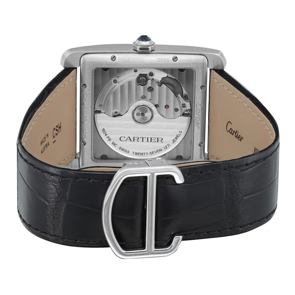 Back View Of Exhibition Back Case And Closed Leather Band Of Cartier WSTA0010 Watch Pre Owned Condition