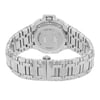 An image of a pre-owned wristwatch showcasing the back view with a focus on the closed clasp. The watch features a metal link bracelet and a detailed case back, which is centrally positioned. The angle provides an up-close view, emphasizing the intricate design of the bracelet and the engravings on the case back. The perspective is slightly elevated, capturing the watch's elegance and craftsmanship.