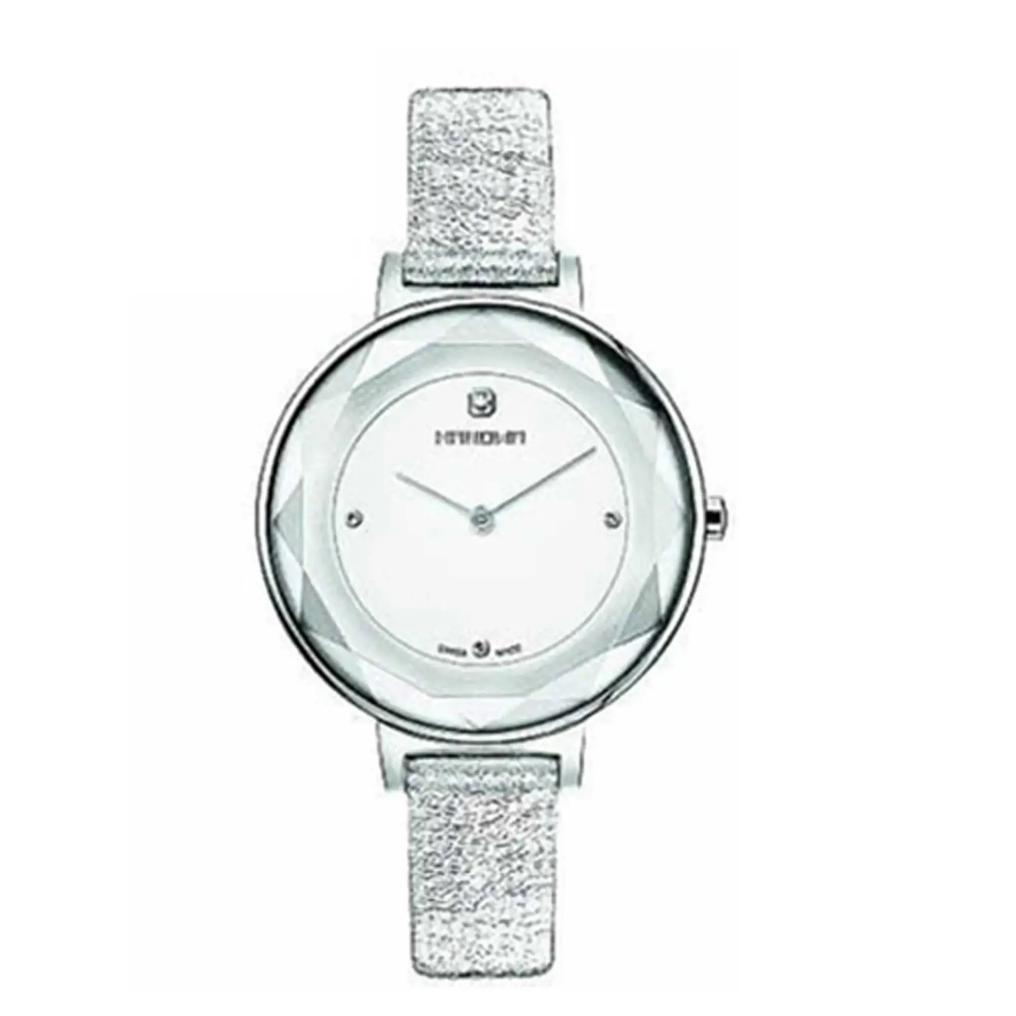 An image of a Wristwatch by Hanowa. This Unworn item is designed for Women, featuring a Casual style. It has a Quartz movement and an Analog display with a Silver dial color. The indices include 12-Hour Dial,No Hour Marks. The band is made of Leather and the case is made of Stainless Steel. The watch has a Round shape with a case size of 36 mm and a case thickness of 8 mm.