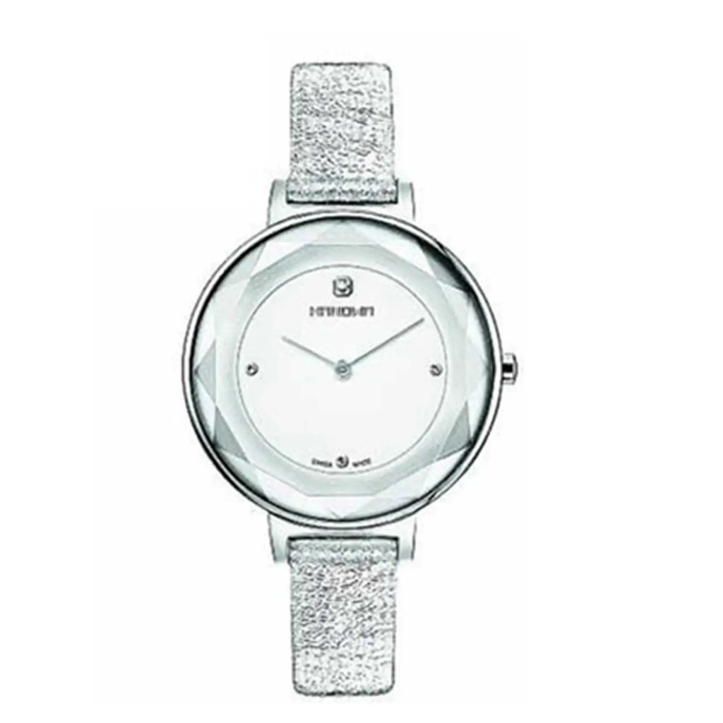 An image of a Wristwatch by Hanowa. This Unworn item is designed for Women, featuring a Casual style. It has a Quartz movement and an Analog display with a Silver dial color. The indices include 12-Hour Dial,No Hour Marks. The band is made of Leather and the case is made of Stainless Steel. The watch has a Round shape with a case size of 36 mm and a case thickness of 8 mm.