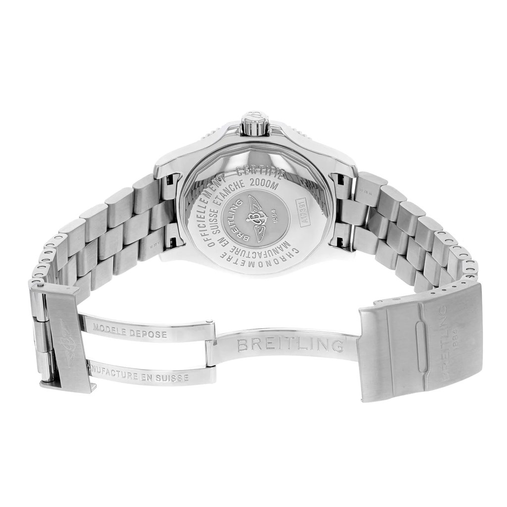 Back View Of {Caseback} Back Case And Open Stainless Steel Band Of Breitling A1739102/BA77-162A Watch Display Model Condition