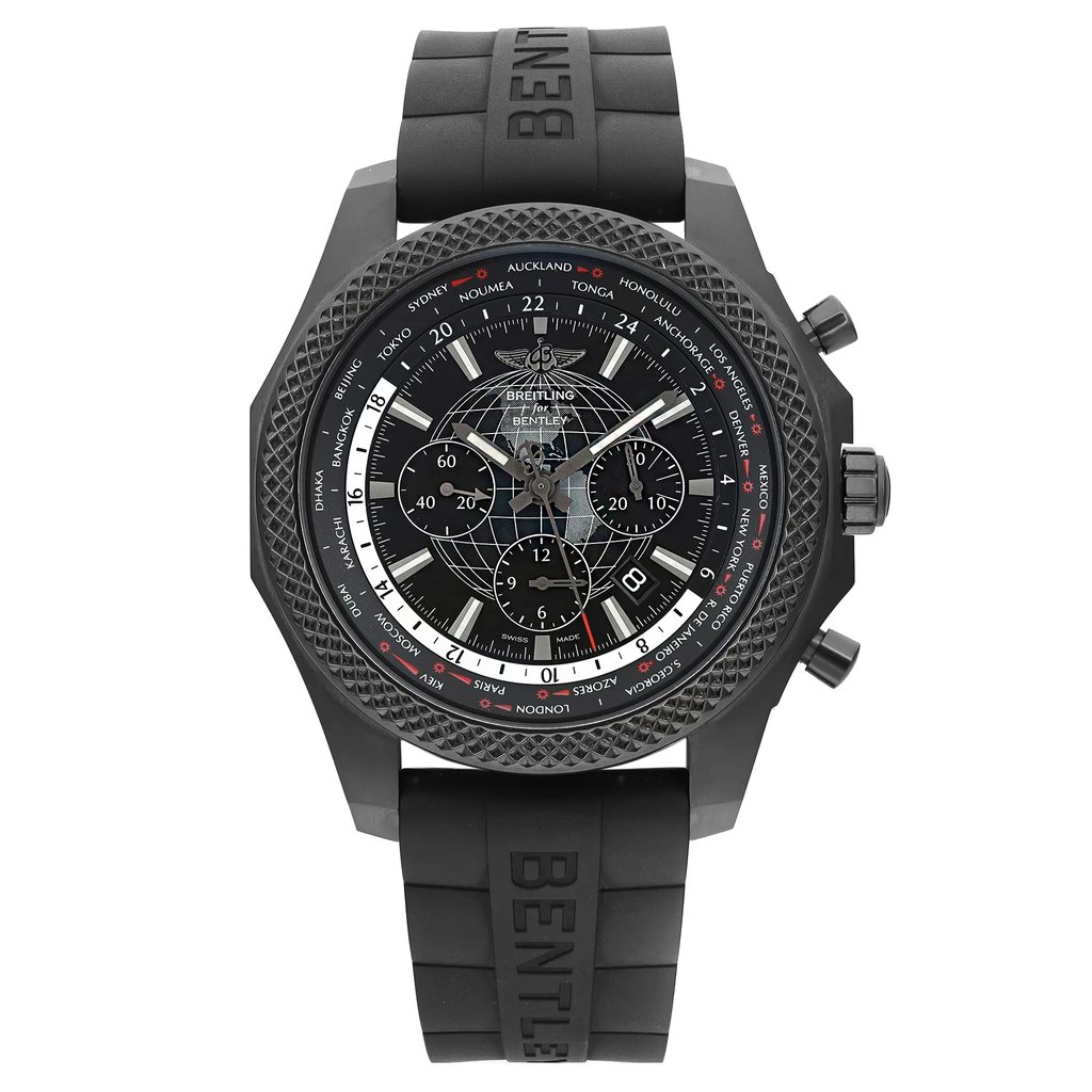 An image of a men's Breitling pilot/aviator wristwatch displayed in a full frontal view. The watch features a round, stainless steel case with a black dial and bezel, and is attached to a black rubber band with the brand name prominently embossed. The dial includes stick indexes, a date indicator, luminous hands, a small seconds subdial, and chronograph functions. The watch is a display model in excellent condition, with only a few insignificant micro marks on the case. The image is taken from a close, direct angle, ensuring a clear view of the watch's details.