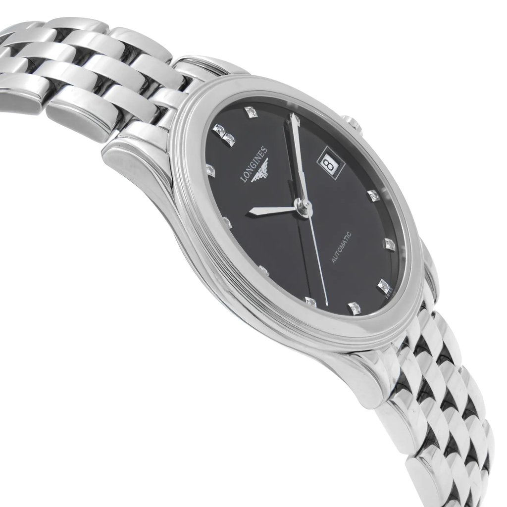 An image of a Wristwatch by Longines. This Pre Owned item is designed for Men, featuring a Dress/Formal style. It has a Mechanical (Automatic) movement and an Analog display with a Black dial color. The indices include 12-Hour Dial,Diamond Markers. The band is made of Stainless Steel and the case is made of Stainless Steel. The watch has a Round shape with a case size of 38.5 mm and a case thickness of 8 mm.