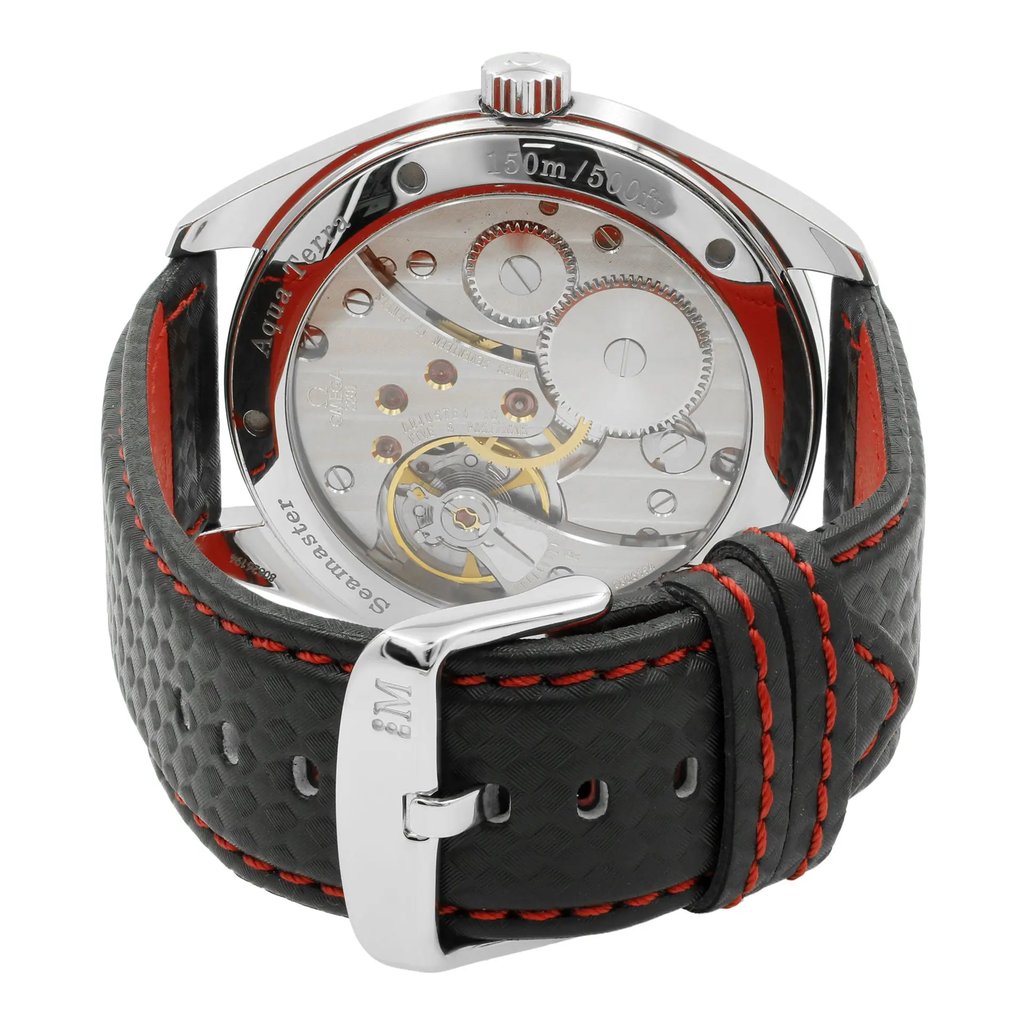 Back View Of {Caseback} Back Case And Closed Leather Band Of OMEGA 2806.52.37 Watch Pre Owned Condition