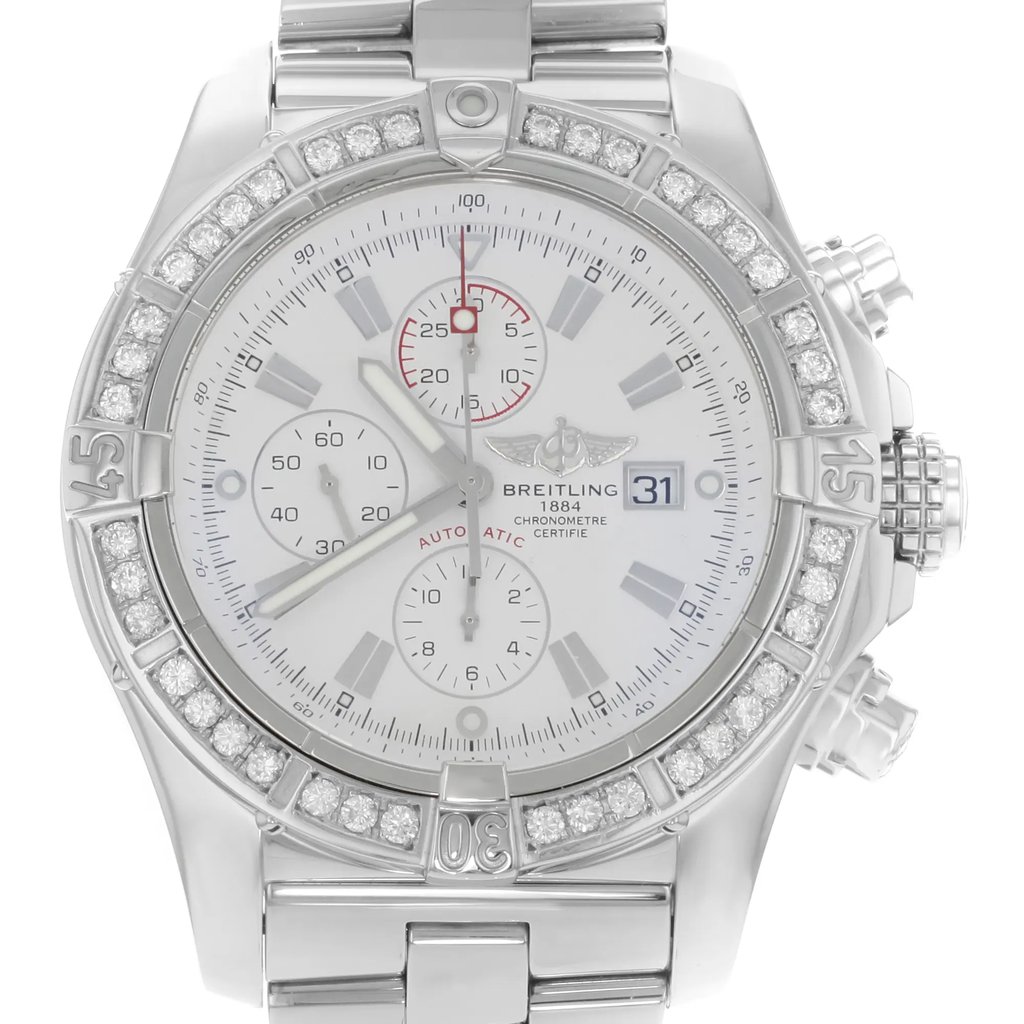 Up Close Front Facing Picture Of Breitling A1337011/A660-135A Stainless Steel Watch Display Model Condition