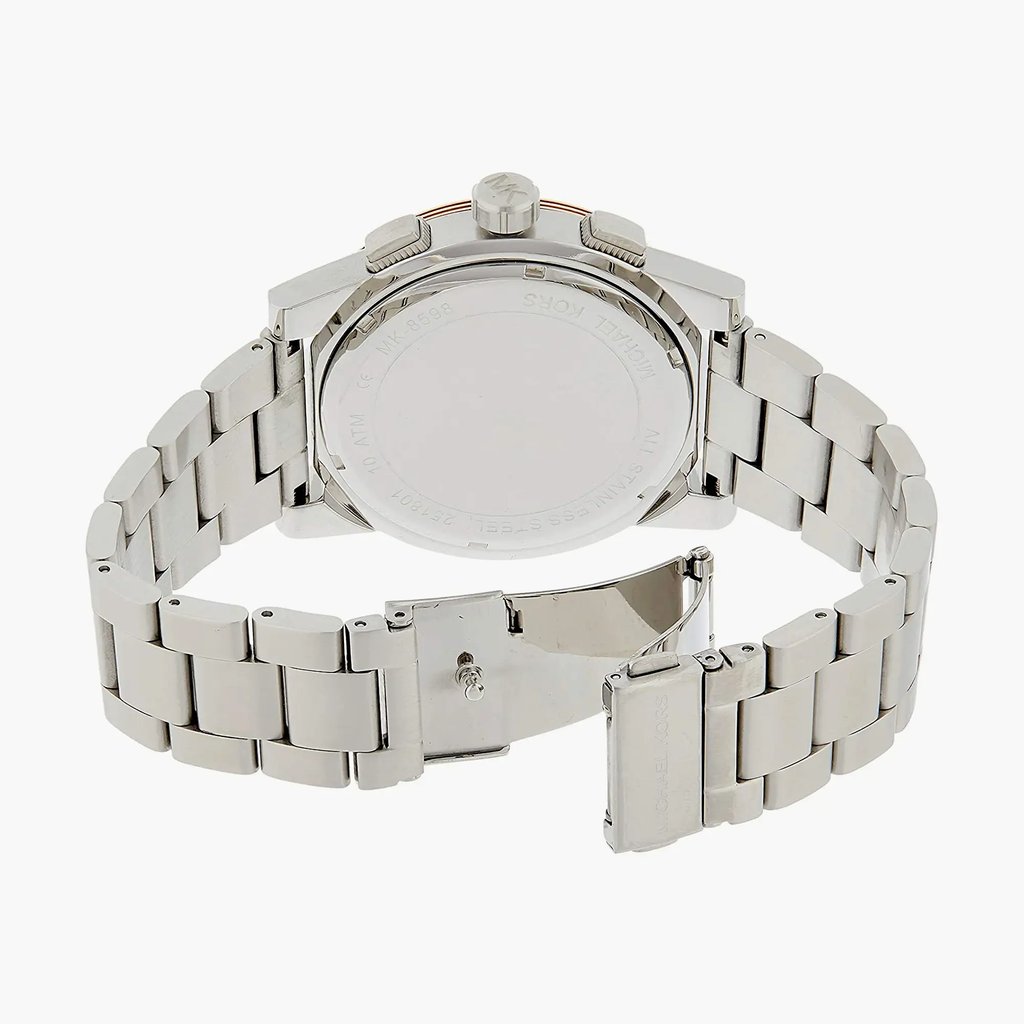 Back View Of Solid Back Case And Open Stainless Steel Band Of Michael Kors MK8598 Watch New With Defects Condition