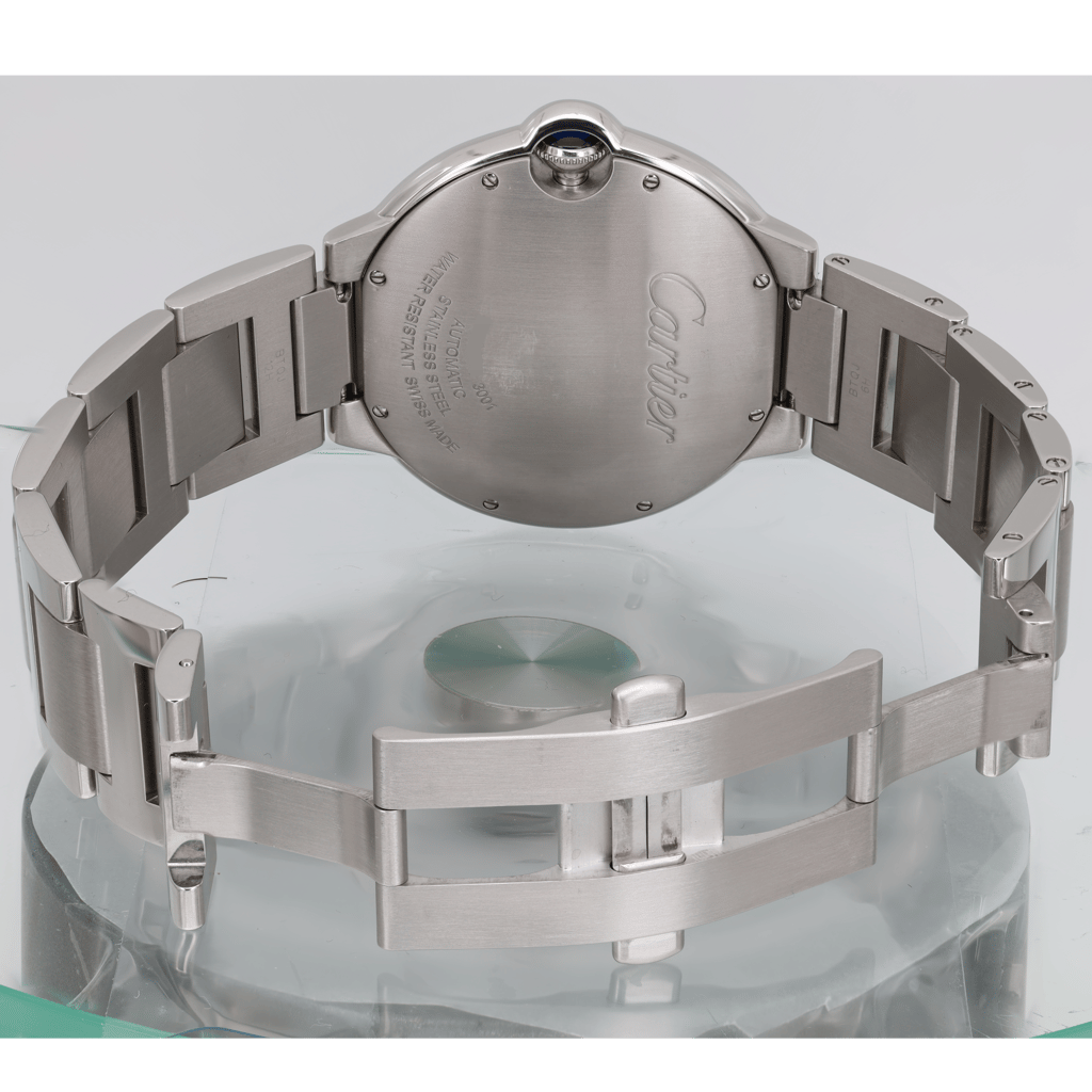 Back View Of Screwback Back Case And Open Stainless Steel Band Of Cartier W69012Z4 Watch Pre Owned Condition