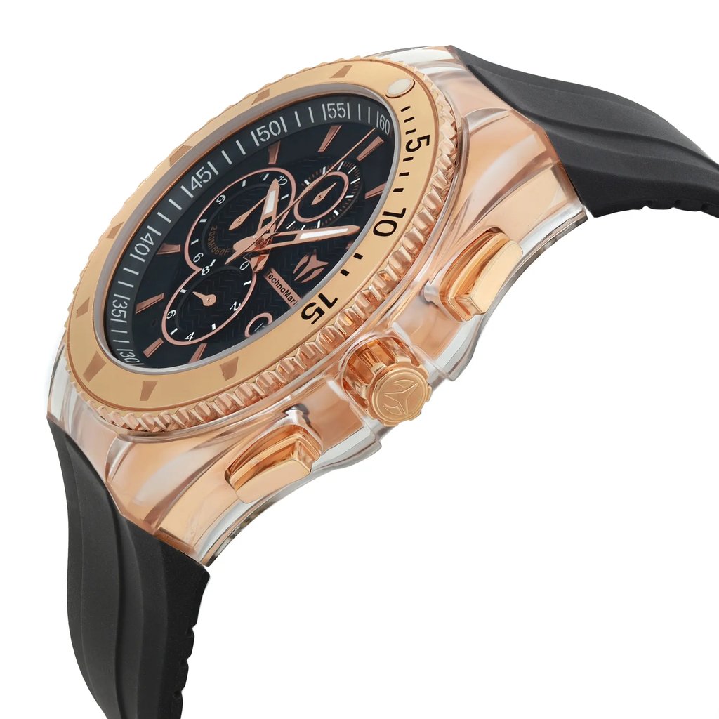 An image of a Wristwatch by TechnoMarine. This New With Defects item is designed for Men, featuring a Sport style. It has a Quartz movement and an Analog display with a Black dial color. The indices include 12-Hour Dial. The band is made of Rubber and the case is made of Stainless Steel. The watch has a Round shape with a case size of 42 mm and a case thickness of 13 mm.