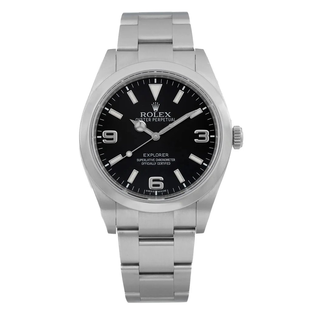 An image of a pre-owned wristwatch shown from a front full frontal view. The watch features a black dial with silver hour markers and a metal bracelet. The brand name and details are visible on the dial, with a prominent crown on the right side. The watch is positioned centrally, captured at a close distance, highlighting its details and craftsmanship.