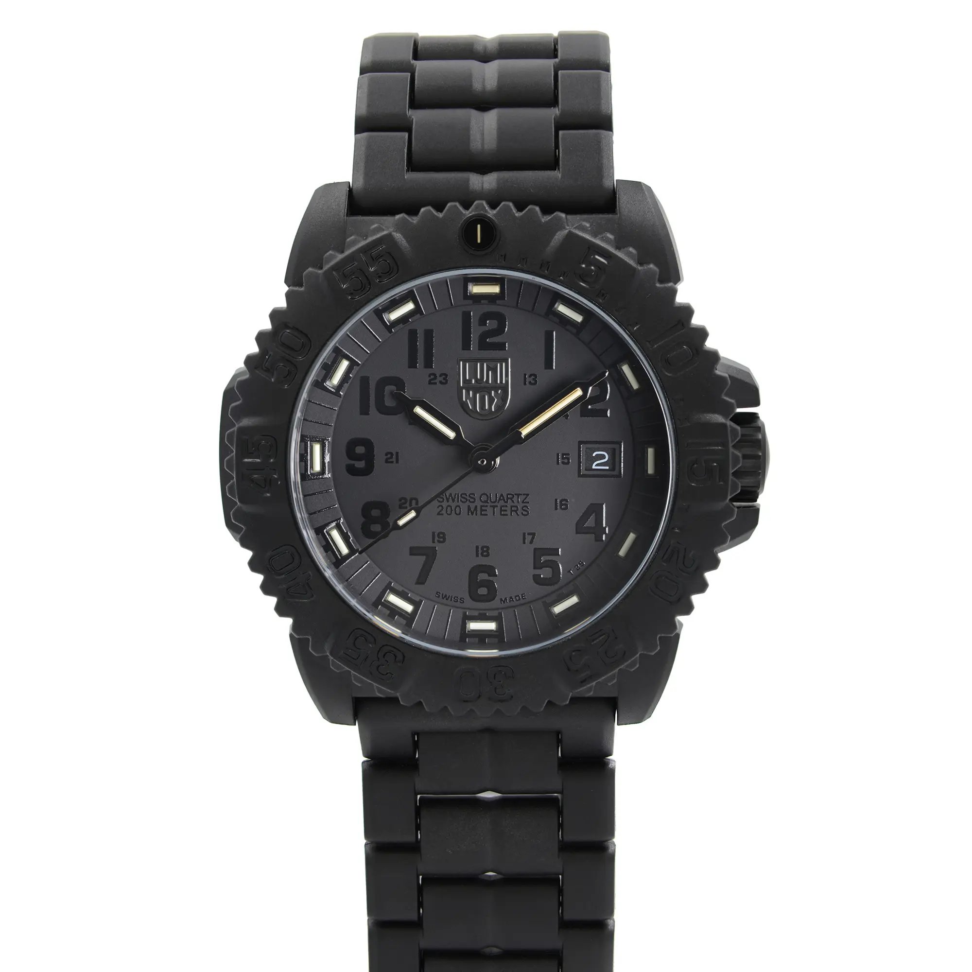 An image of a Wristwatch by Luminox. This New item is designed for Men, featuring a Diver,Military style. It has a Quartz movement and an Analog display with a Black dial color. The indices include 12-Hour Dial,24-Hour Dial,Arabic Numerals. The band is made of Carbonox and the case is made of Carbonox. The watch has a Round shape with a case size of 44 mm and a case thickness of 44 mm.