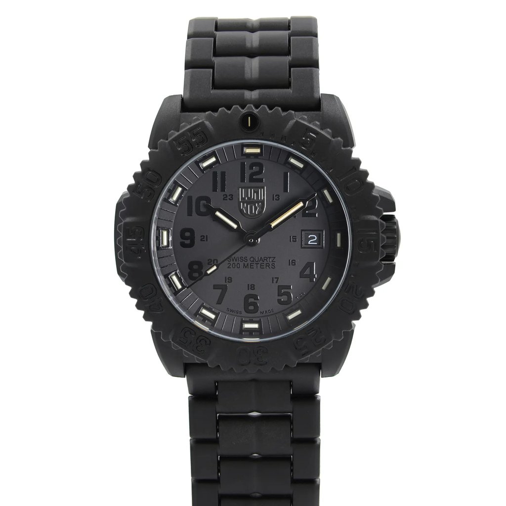 An image of a Wristwatch by Luminox. This New item is designed for Men, featuring a Diver,Military style. It has a Quartz movement and an Analog display with a Black dial color. The indices include 12-Hour Dial,24-Hour Dial,Arabic Numerals. The band is made of Carbonox and the case is made of Carbonox. The watch has a Round shape with a case size of 44 mm and a case thickness of 44 mm.