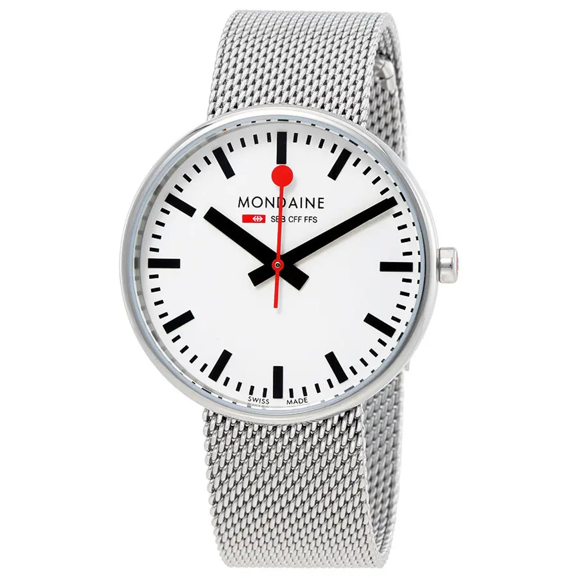An image of a Wristwatch by Mondaine. This Display Model item is designed for Women, featuring a Classic,Dress/Formal style. It has a Quartz movement and an Analog display with a White dial color. The indices include 12-Hour Dial,Non-Numeric Hour Marks,Stick Indexes. The band is made of Stainless Steel and the case is made of Stainless Steel. The watch has a Round shape with a case size of 35 mm and a case thickness of 10 mm.