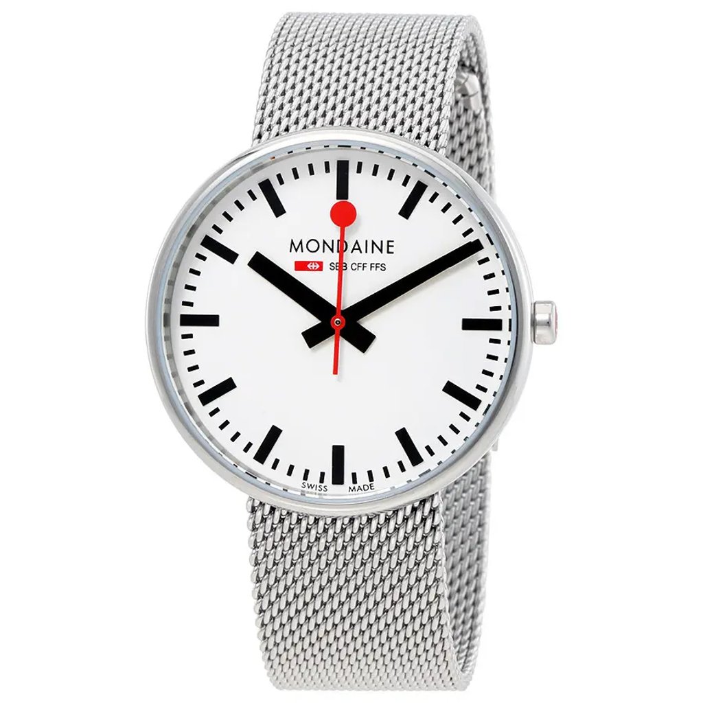 An image of a Wristwatch by Mondaine. This Display Model item is designed for Women, featuring a Classic,Dress/Formal style. It has a Quartz movement and an Analog display with a White dial color. The indices include 12-Hour Dial,Non-Numeric Hour Marks,Stick Indexes. The band is made of Stainless Steel and the case is made of Stainless Steel. The watch has a Round shape with a case size of 35 mm and a case thickness of 10 mm.