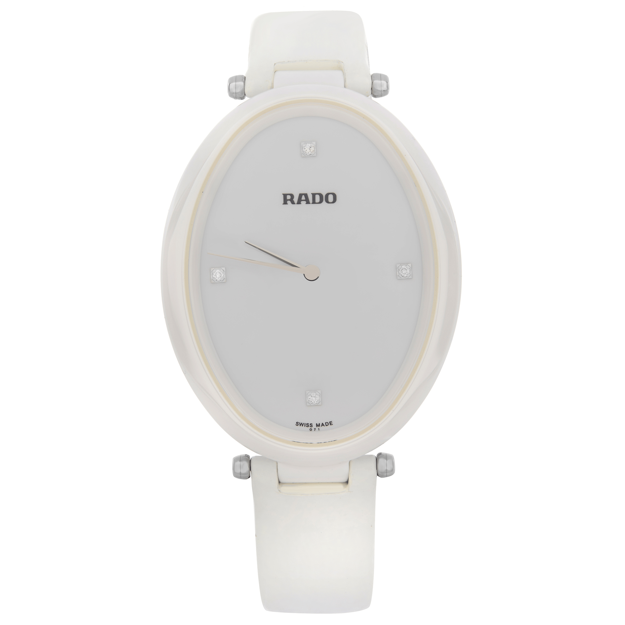 An image of a Wristwatch by Rado. This New With Defects item is designed for Women, featuring a Dress/Formal style. It has a Quartz movement and an Analog display with a White dial color. The indices include Diamonds, Unspecified. The band is made of Leather and the case is made of Ceramic. The watch has a Oval shape with a case size of 33 mm and a case thickness of 8.5 mm.