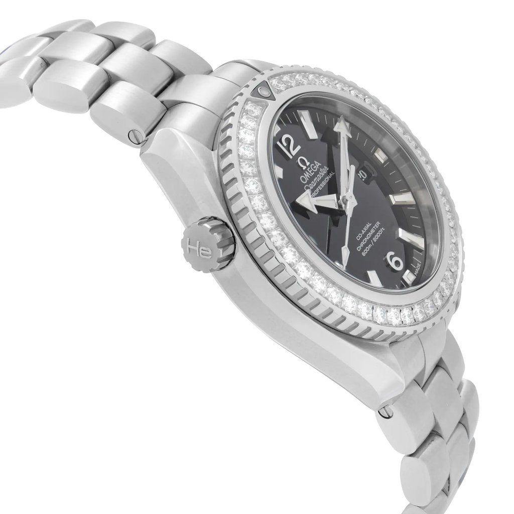 An image of a luxury women's wristwatch, viewed from a side profile angle opposite the crown. The watch features a round, stainless steel case and bezel with a black dial. It includes a stainless steel band and displays a date indicator with luminous hands. The watch is positioned at a slight upward angle, highlighting its unworn, excellent condition.