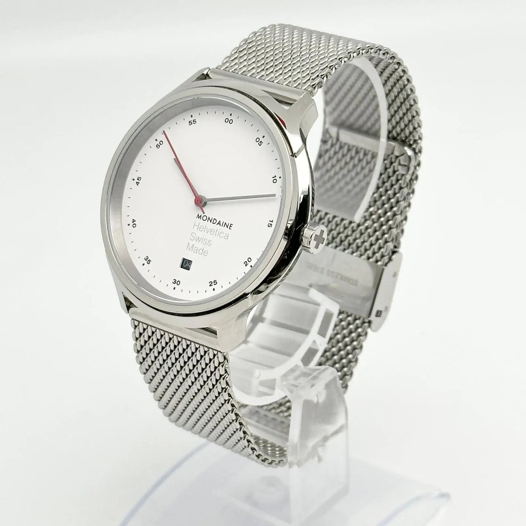 View Of Crown Facing Side Of Mondaine MH1.R2211.SM Stainless Steel Watch Display Model Condition