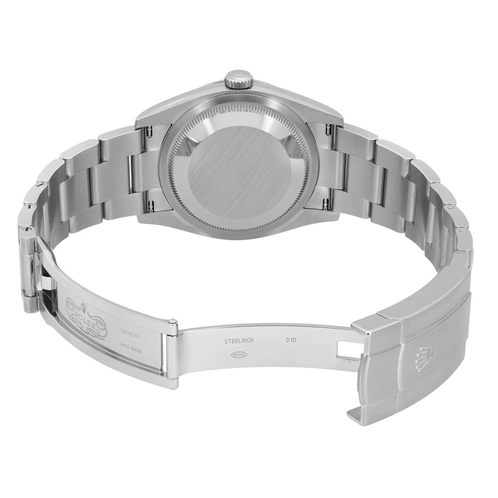 Back View Of Solid Back Case And Open Stainless Steel Band Of Rolex 126000 Watch Unworn Condition