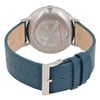 An image of a Skagen men's wristwatch taken from a rear angle, showcasing the back of the watch case and the blue leather strap. The watch features a brushed stainless steel finish with a small seconds subdial on the front, though not visible in this view. The strap is laid out with its buckle facing the viewer, displaying the Skagen branding. The image is taken at a close distance, highlighting the details and texture of the materials.