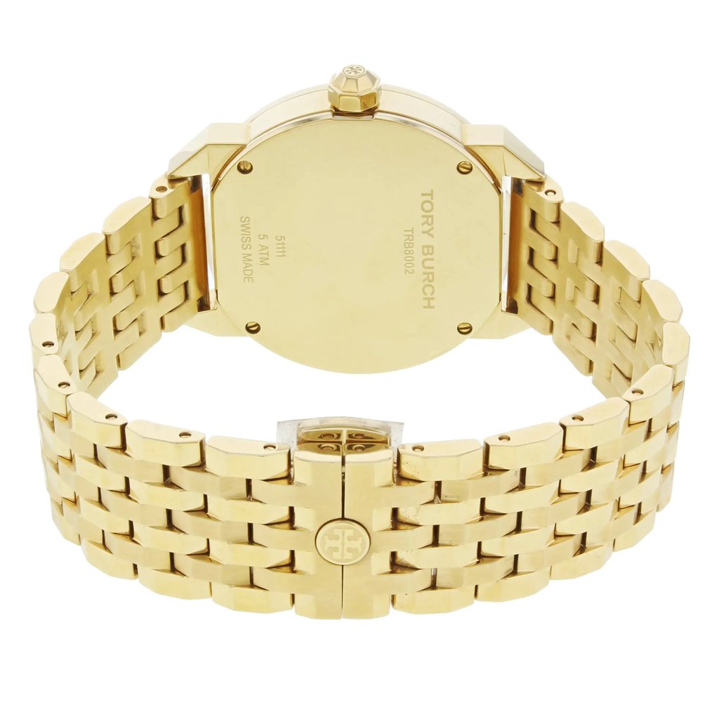 Back View Of Screwback Back Case And Closed Stainless Steel Band Of Tory Burch TRB8002 Watch Pre Owned Condition