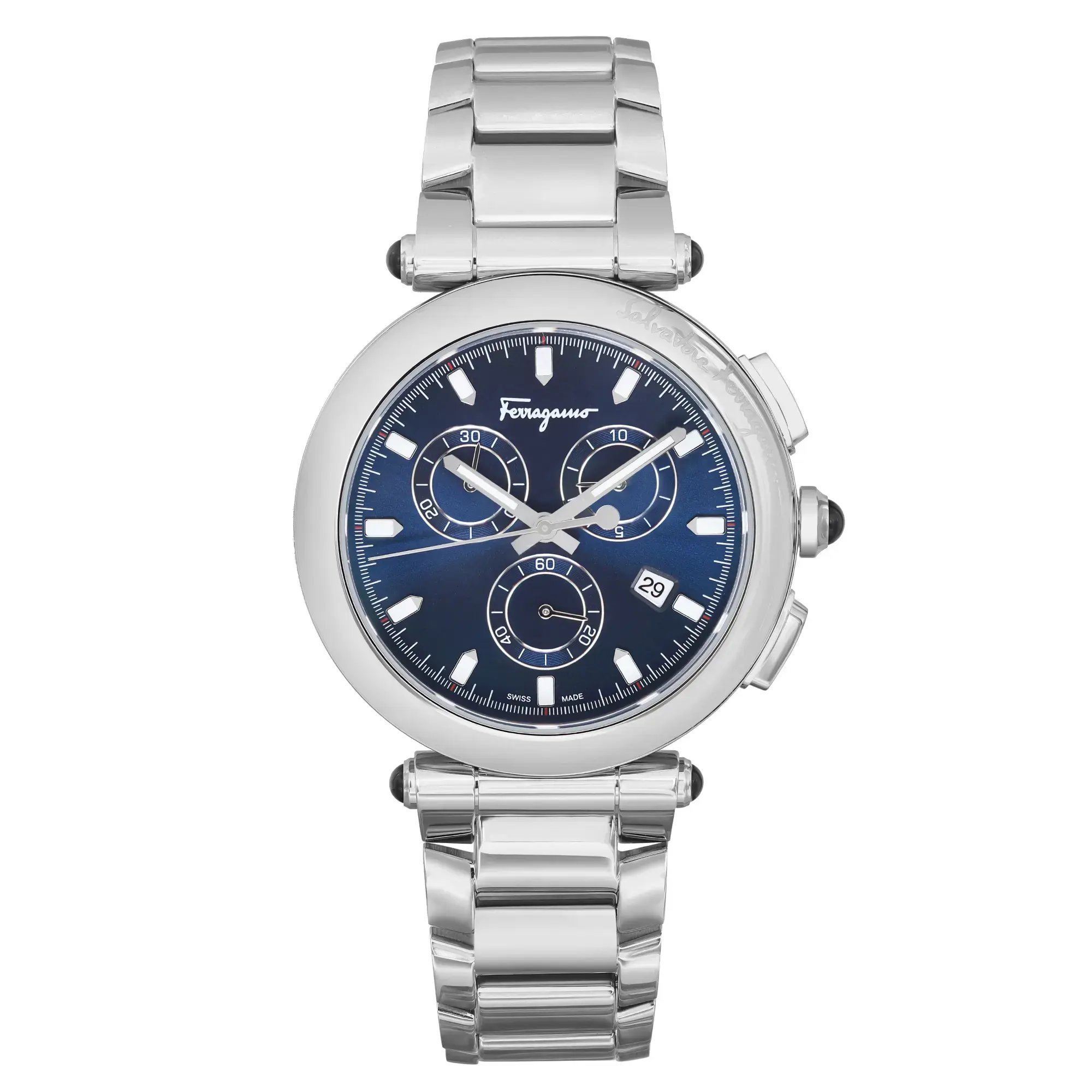 An image of a Wristwatch by Salvatore Ferragamo. This Unworn item is designed for Men, featuring a Casual style. It has a Quartz movement and an Analog display with a Blue dial color. The indices include 12-Hour Dial,Seconds Hand,Stick Indexes. The band is made of Stainless Steel and the case is made of Stainless Steel. The watch has a Round shape with a case size of 42 mm and a case thickness of 13 mm.