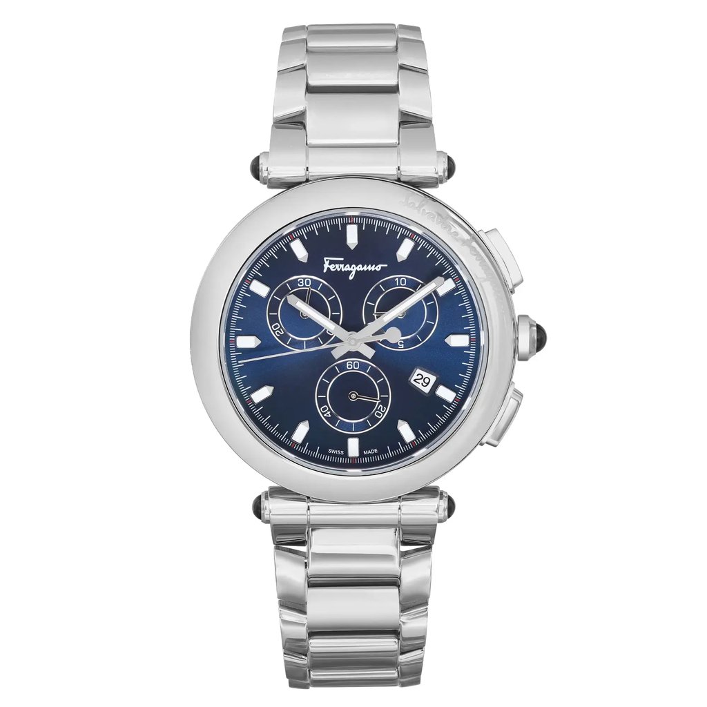 An image of a Wristwatch by Salvatore Ferragamo. This Unworn item is designed for Men, featuring a Casual style. It has a Quartz movement and an Analog display with a Blue dial color. The indices include 12-Hour Dial,Seconds Hand,Stick Indexes. The band is made of Stainless Steel and the case is made of Stainless Steel. The watch has a Round shape with a case size of 42 mm and a case thickness of 13 mm.