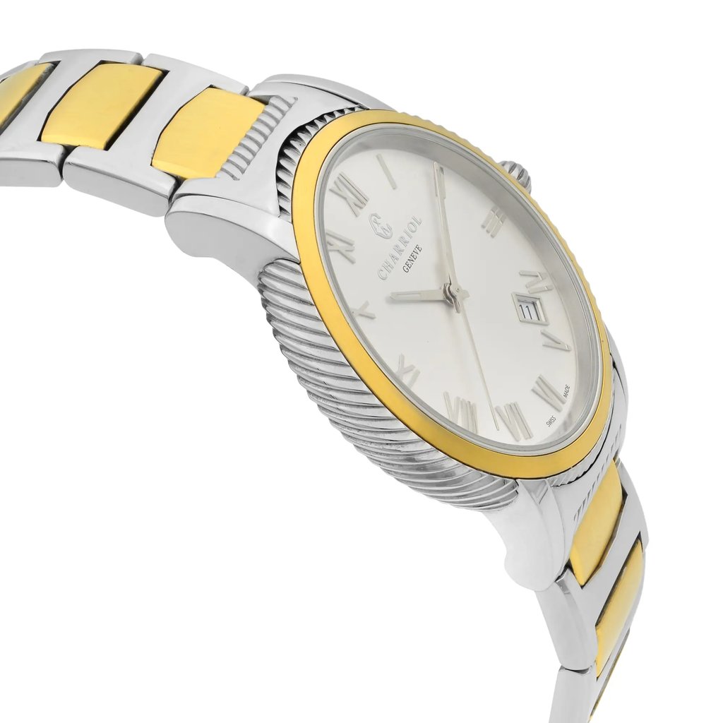 An image of a pre-owned wristwatch captured from a side profile view, opposite the crown. The watch features a polished metal case with a combination of silver and gold tones, and a matching two-tone band. The angle highlights the watch's sleek design and detailed textures on the bezel and links, taken from a moderate distance to emphasize the craftsmanship and style.