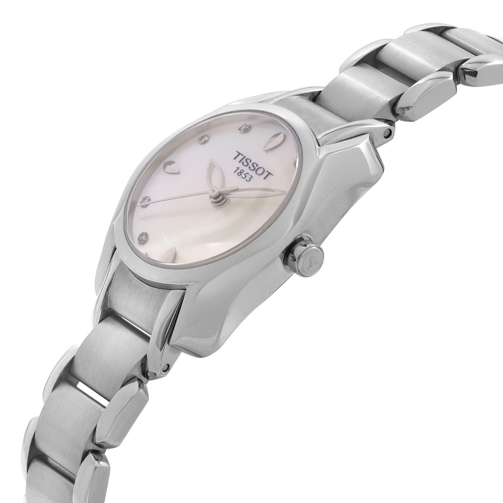 An image of a Wristwatch by Tissot. This Display Model item is designed for Women, featuring a Dress/Formal style. It has a Quartz movement and an Analog display with a Gray dial color. The indices include 12-Hour Dial,Diamond Markers,Stick Indexes. The band is made of Stainless Steel and the case is made of Stainless Steel. The watch has a Round shape with a case size of 28 mm and a case thickness of 8 mm.