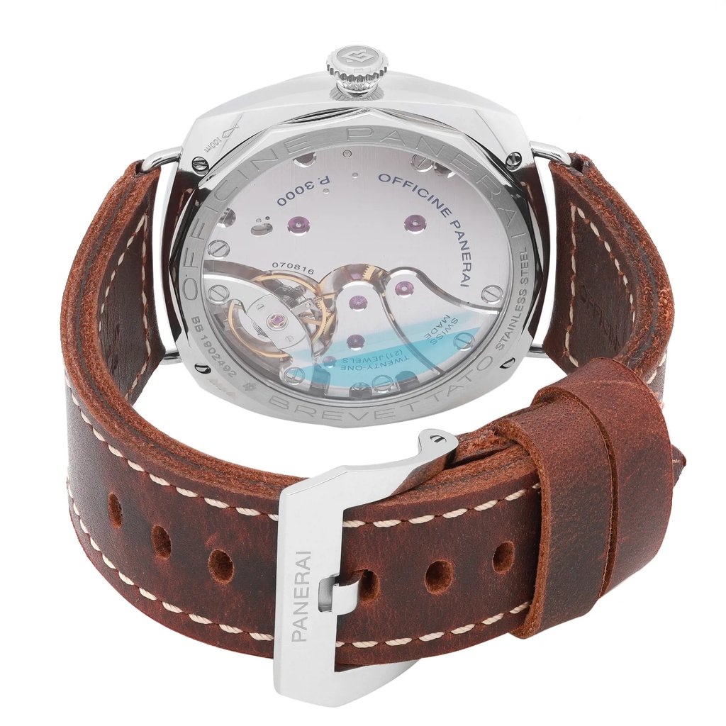 Back View Of Exhibition Back Case And Closed Leather Band Of Panerai PAM00721 Watch Unworn Condition