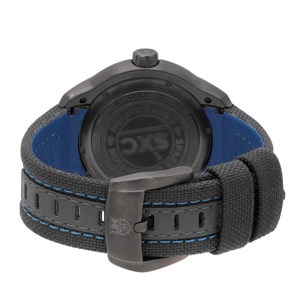 An image of a Wristwatch by Luminox. This New With Defects item is designed for Men, featuring a Pilot/Aviator style. It has a Quartz movement and an Analog display with a Black dial color. The indices include 12-Hour Dial,24-Hour Dial,Arabic Numerals,Stick Indexes. The band is made of Nylon and the case is made of Stainless Steel. The watch has a Round shape with a case size of 45.5 mm and a case thickness of 15 mm.