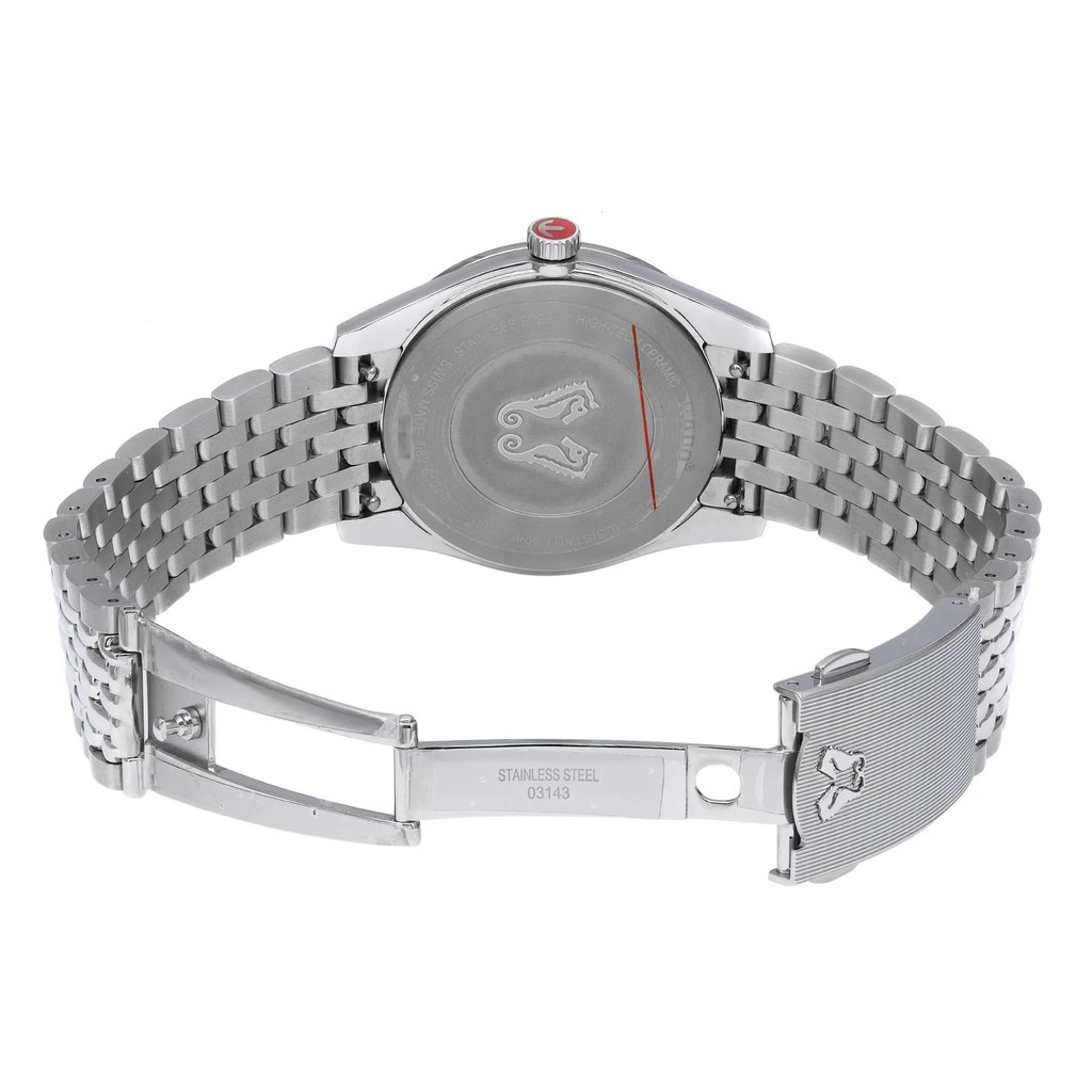 An image of an unworn Rado women's wristwatch, viewed from the back with the clasp open. The watch features a round stainless steel case with a snap caseback, displaying an engraved logo. It has a stainless steel band and a fold-over clasp with double push buttons. The watch is positioned centrally against a white background, 