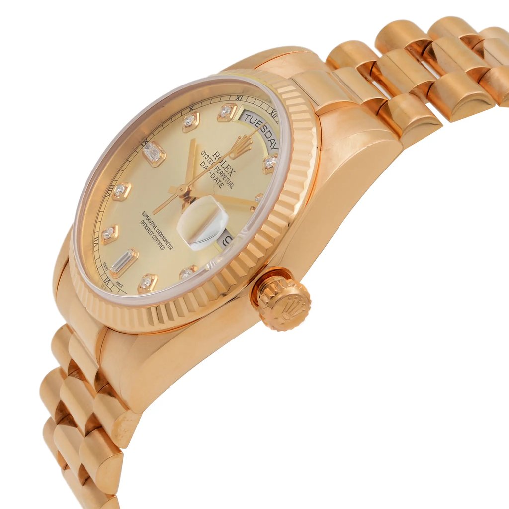 View Of Crown Facing Side Of Rolex 118235 Rose Gold Watch Pre Owned Condition