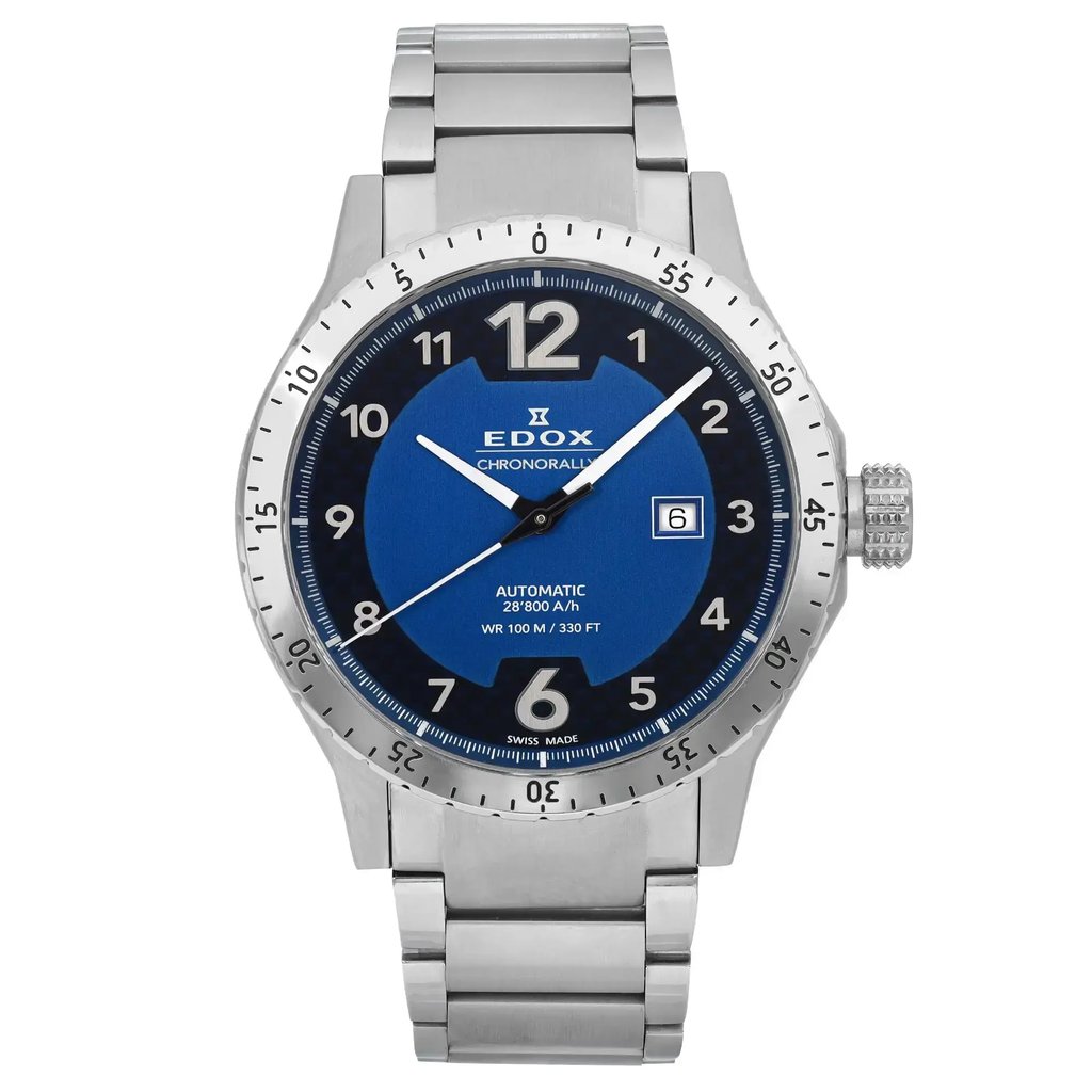 An image of a Wristwatch by Edox. This Unworn item is designed for Men, featuring a Casual style. It has a Mechanical (Automatic) movement and an Analog display with a Blue dial color. The indices include 12-Hour Dial,Arabic Numerals. The band is made of Stainless Steel and the case is made of Stainless Steel. The watch has a Round shape with a case size of 45 mm and a case thickness of 12 mm.