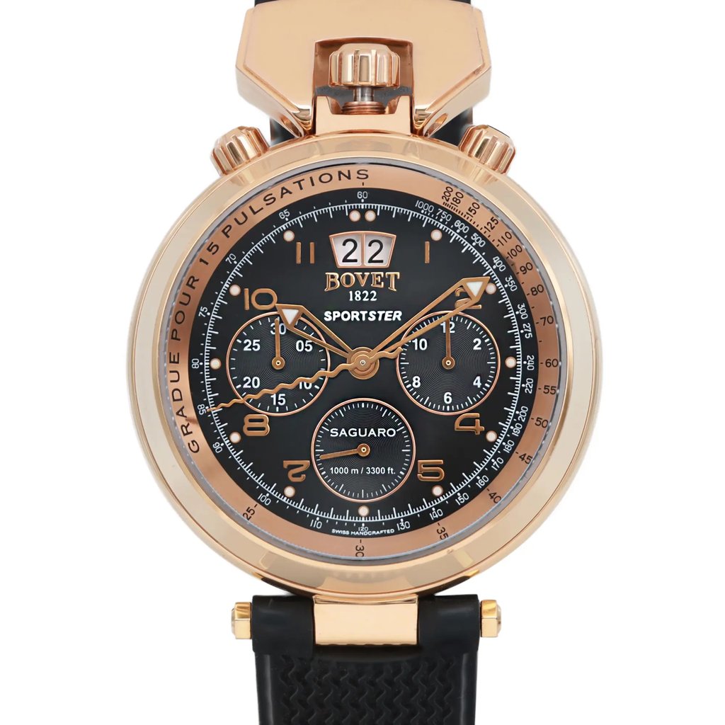 An image of a pre-owned wristwatch captured in a front close-up shot of the watch face. The watch features a luxurious design with a black dial and gold-tone accents, including numerals and hands. It displays a chronograph with multiple subdials and a date window at the top. The watch case is made of a gold-toned material, complemented by a black strap with a textured pattern.