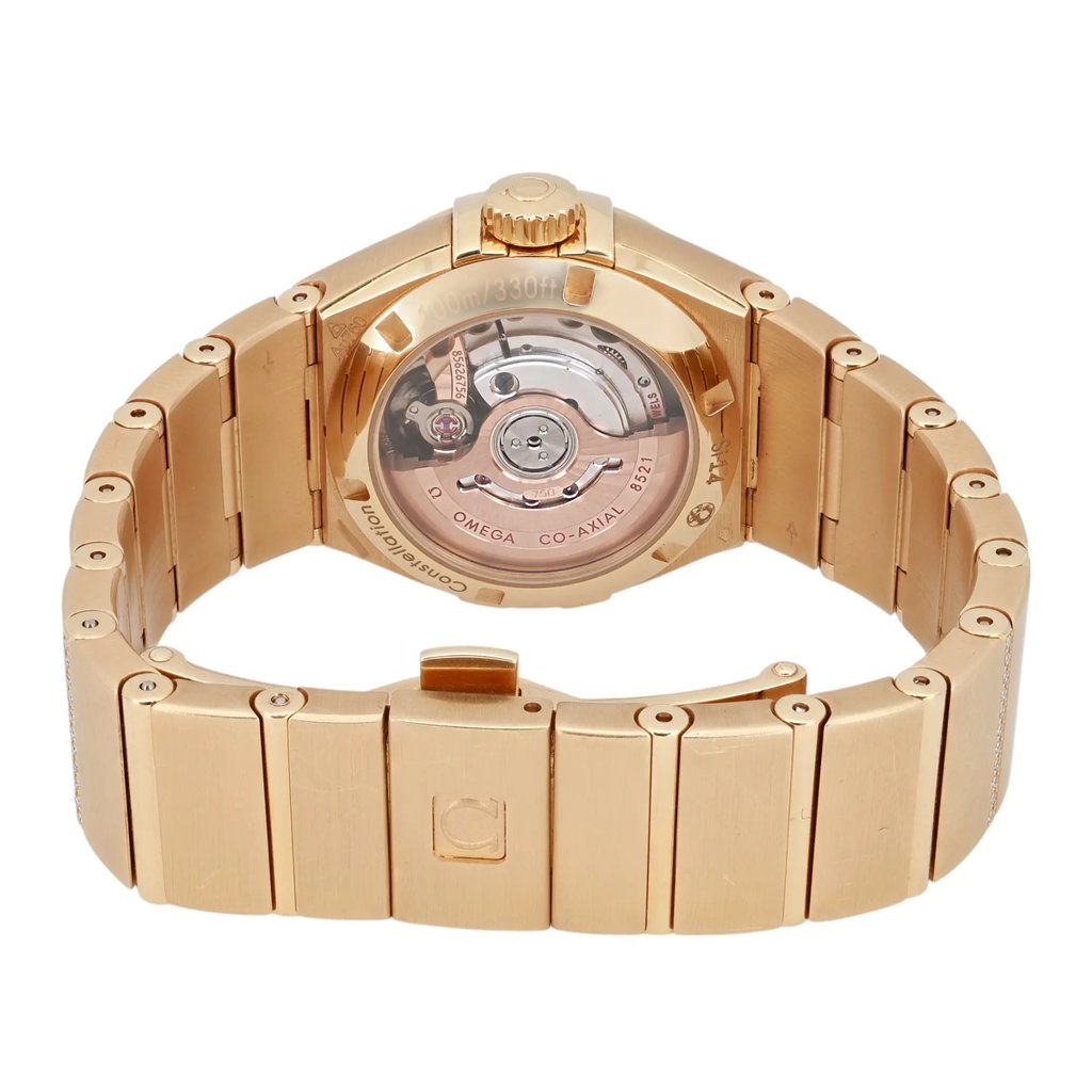 Back View Of Exhibition Back Case And Closed Yellow Gold Band Of OMEGA 123.55.27.20.05.002 Watch Display Model Condition