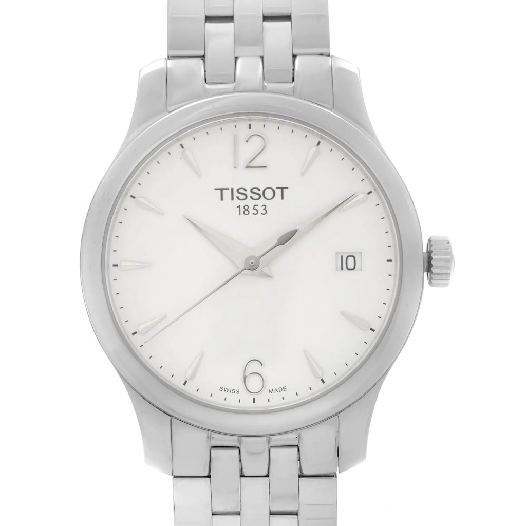 Up Close Front Facing Picture Of Tissot T063.210.11.037.00 Stainless Steel Watch Display Model Condition