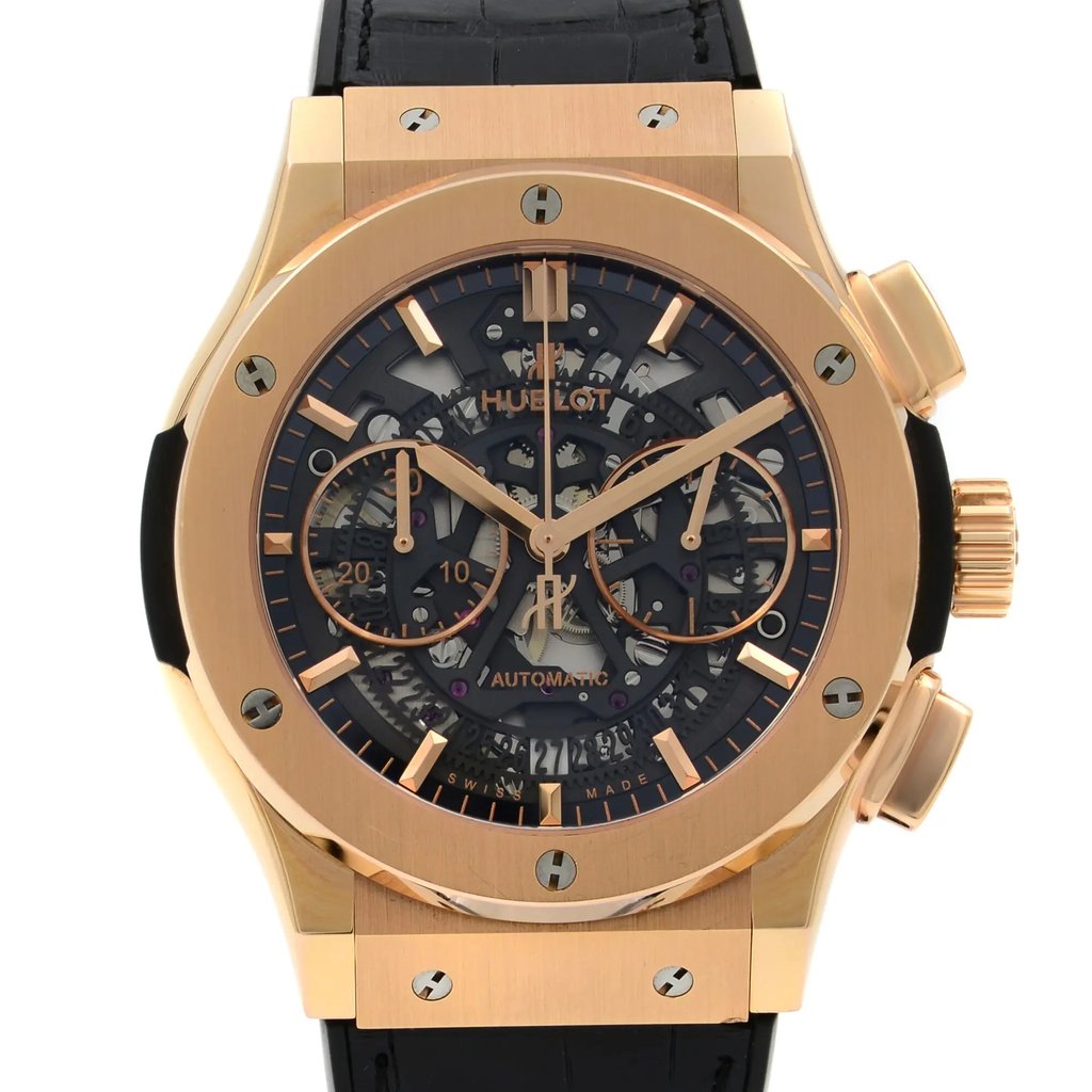 Up Close Front Facing Picture Of Hublot 525.OX.0180.LR Rose Gold Watch Display Model Condition