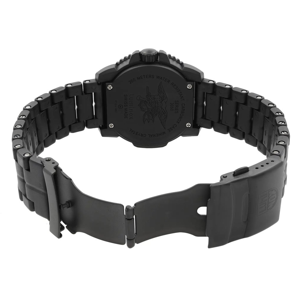 Back View Of Screwback Back Case And Open Stainless Steel Band Of Luminox XS.3052.BO.L Watch New Without Tags Condition