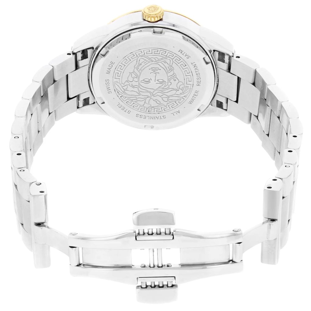 Back View Of Screwback Back Case And Open Stainless Steel Band Of Versace P6Q89FD002S099 Watch Pre Owned Condition