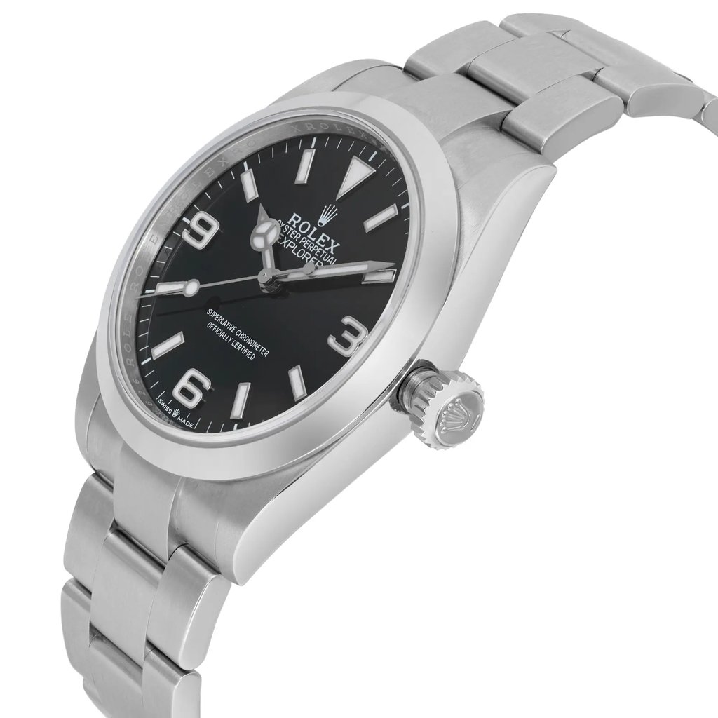 An image of a men's luxury wristwatch viewed from the side profile, showcasing the crown. The watch has a round shape with a black dial and gray bezel. It features a stainless steel band and case, both in excellent condition. The watch includes luminous hands for added functionality.